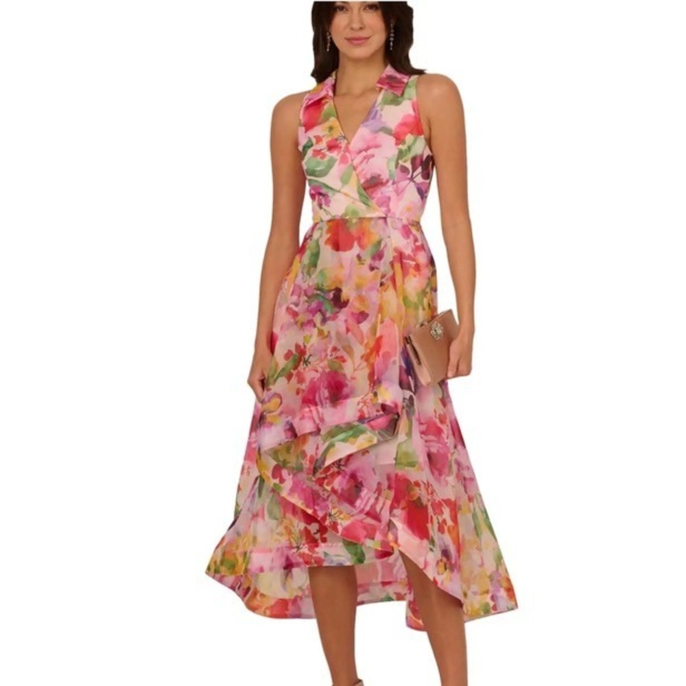 NWT Adrianna Papell High Low Dress Womens Pink Floral Organza Midi 6 $229